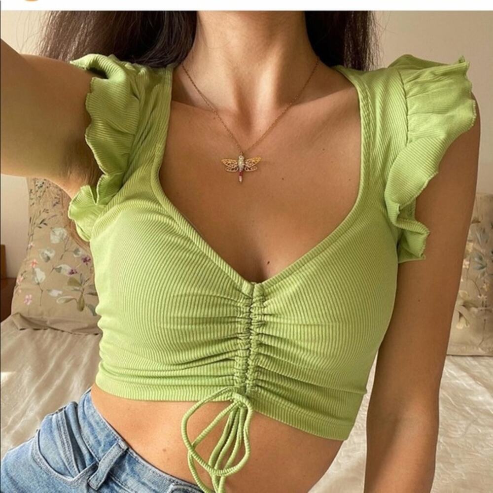 Zara NWT Green Ruched Drawstring Ruffle Crop Top L - Picture 11 of 16